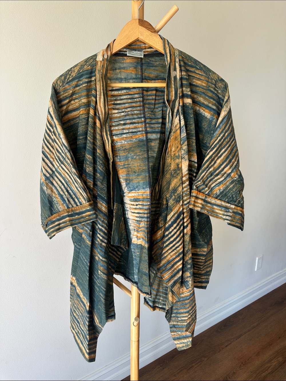 Ghanaian Striped Draped Kimono Cardigan in Teal and Mustard